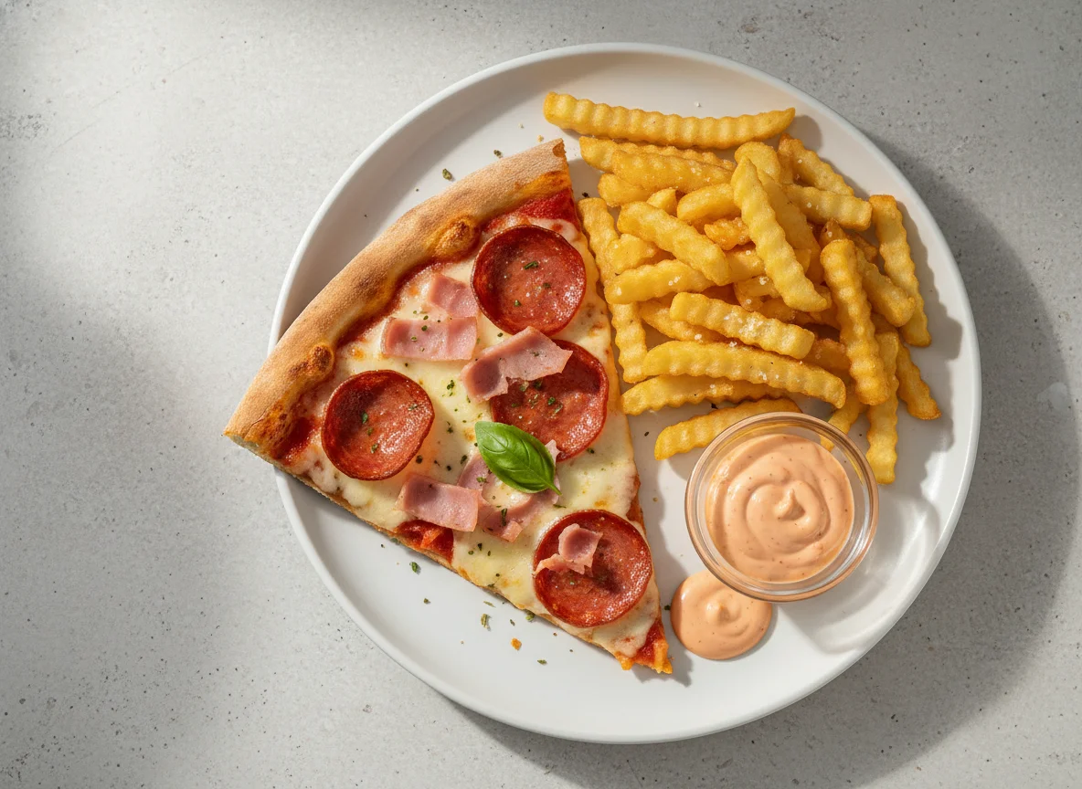 Pizza with French Fries and Sauce photo