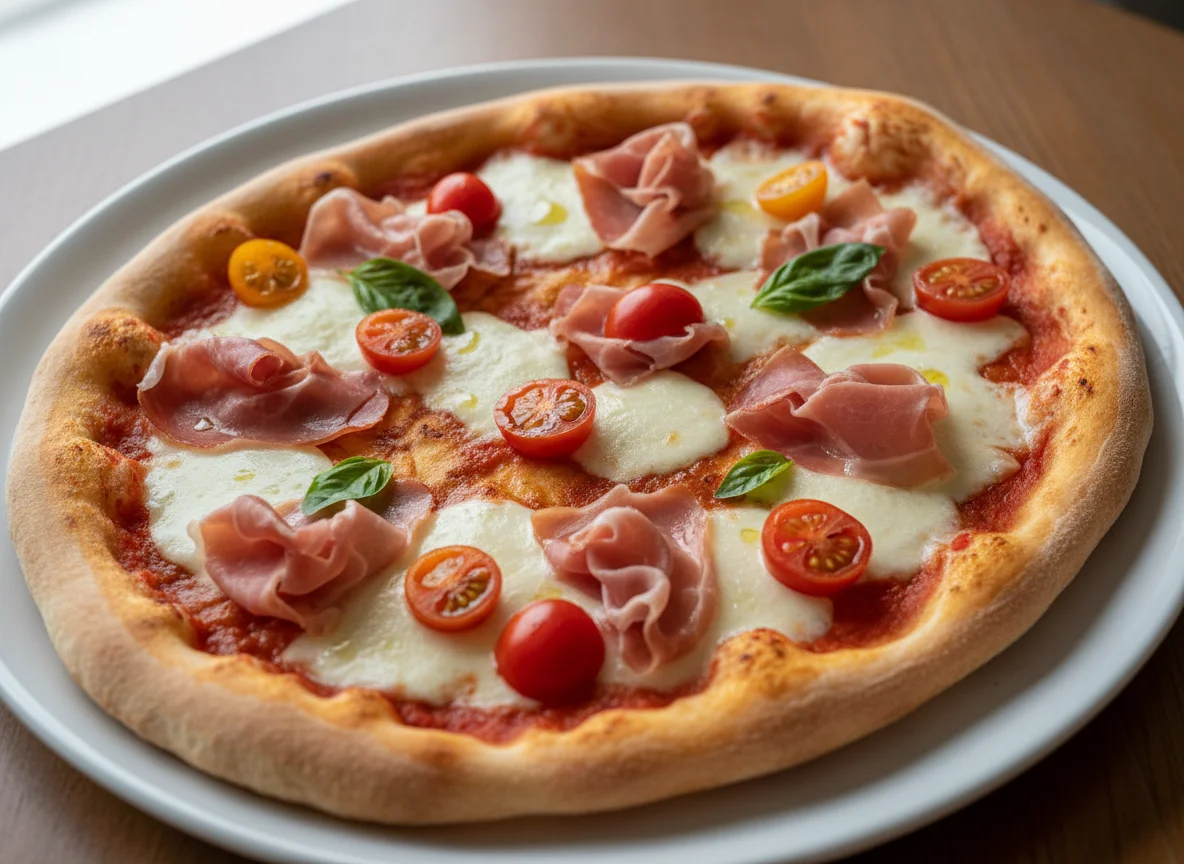 Pizza with Ham and Cherry Tomato photo