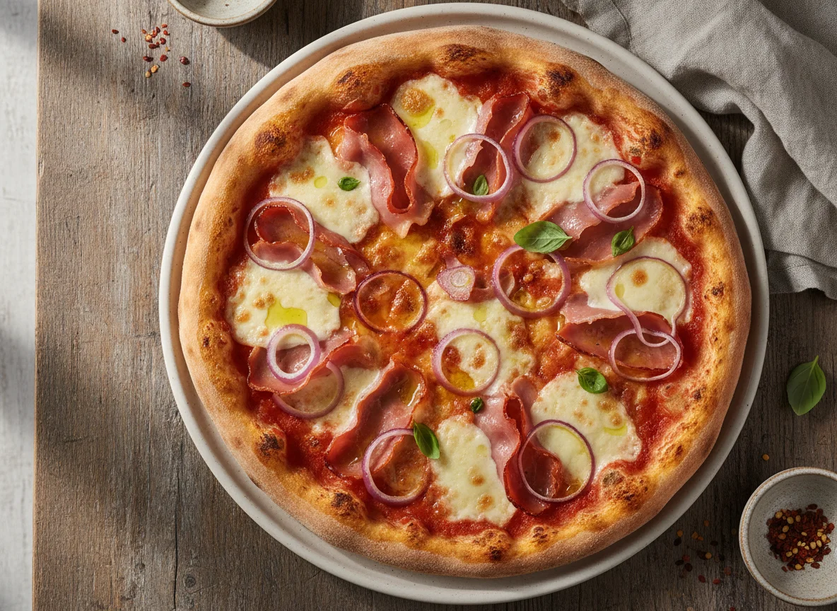 Pizza with Ham and Red Onion photo