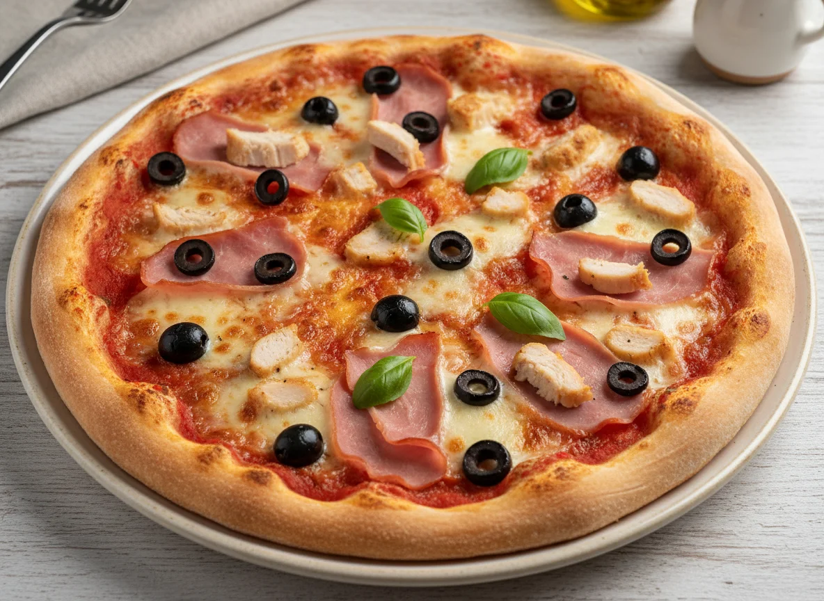 Pizza with Ham, Chicken, and Olives photo