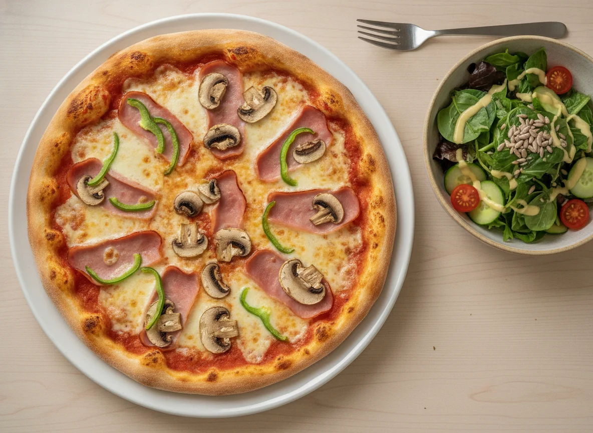 Pizza with ham, mushrooms, and green peppers served with a side salad photo
