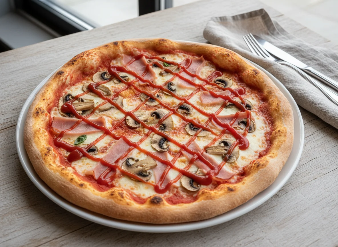 Pizza with Ham, Mushrooms, and Ketchup photo