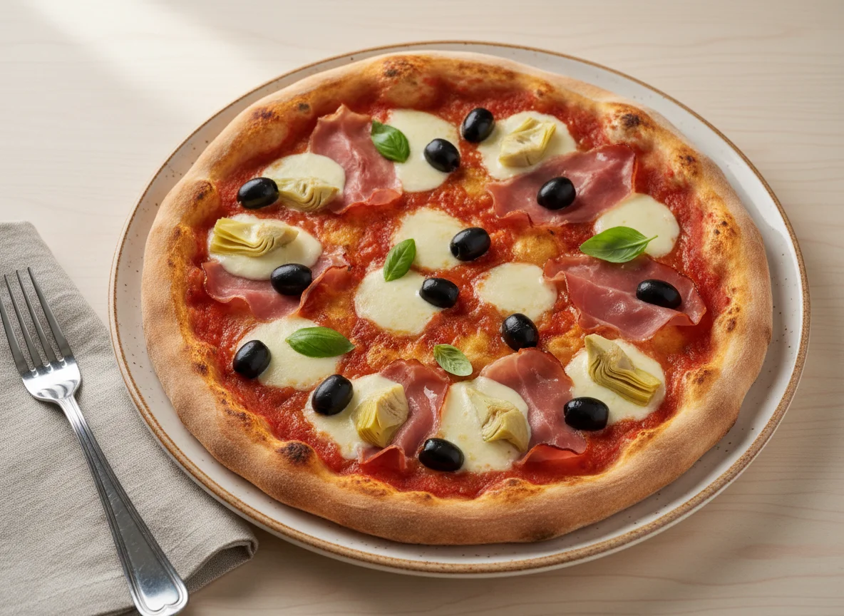 Pizza with Ham, Olives, and Artichokes photo