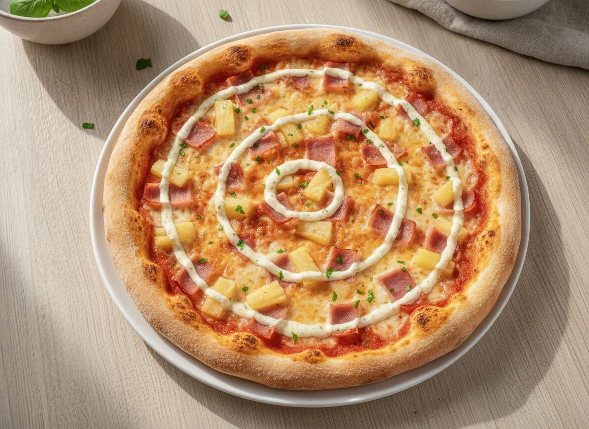 Pizza with ham, pineapple and garlic dressing photo