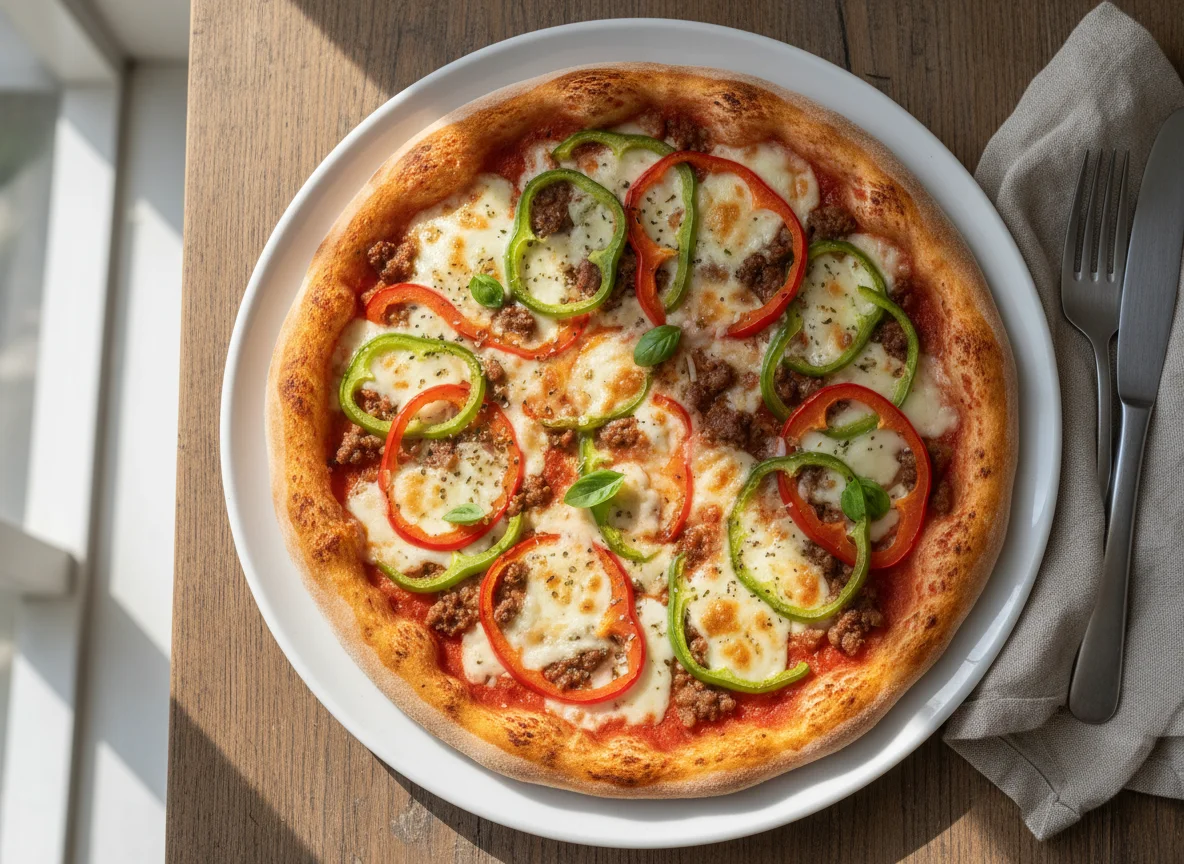 Pizza with Meat and Vegetables photo