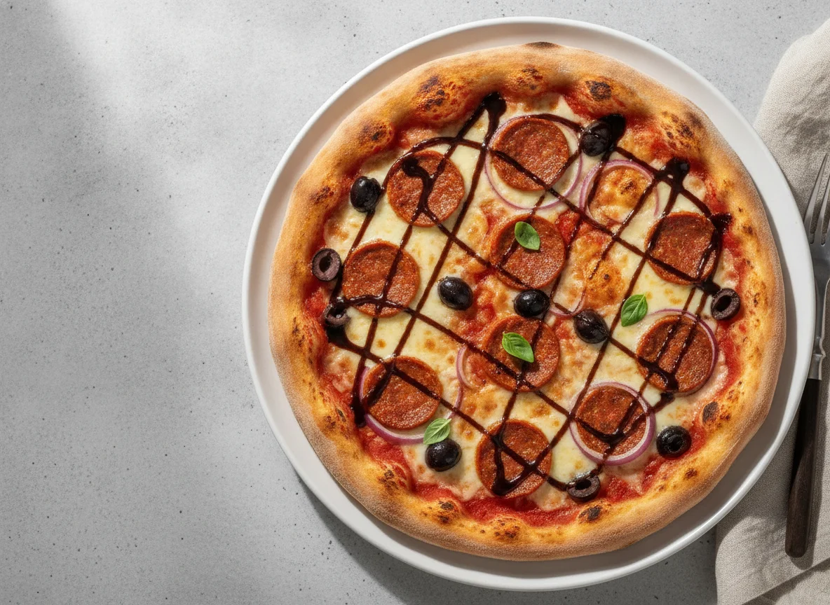 Pizza with Merguez, Olives, and Balsamic Glaze photo