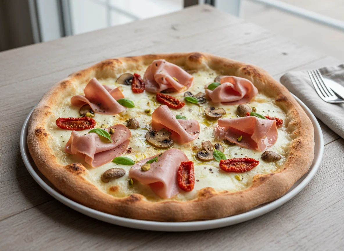 Pizza with Mortadella, Mushrooms, and Sun-dried Tomatoes photo