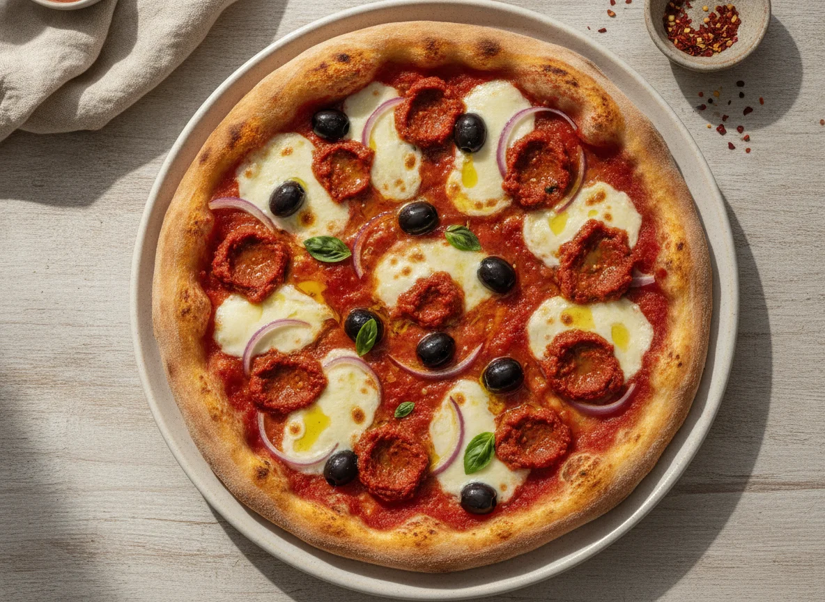 Pizza with Nduja, Red Onions, and Olives photo