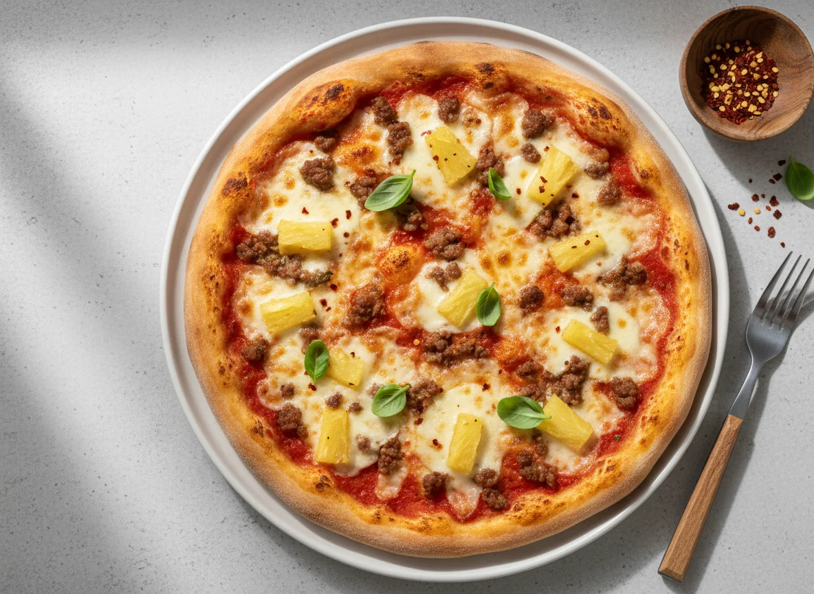 Pizza with Pineapple and Ground Meat photo