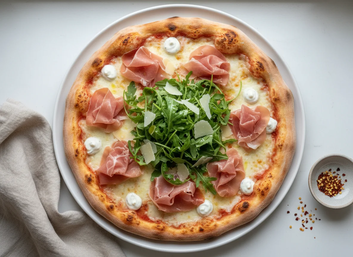 Pizza with Prosciutto and Arugula photo