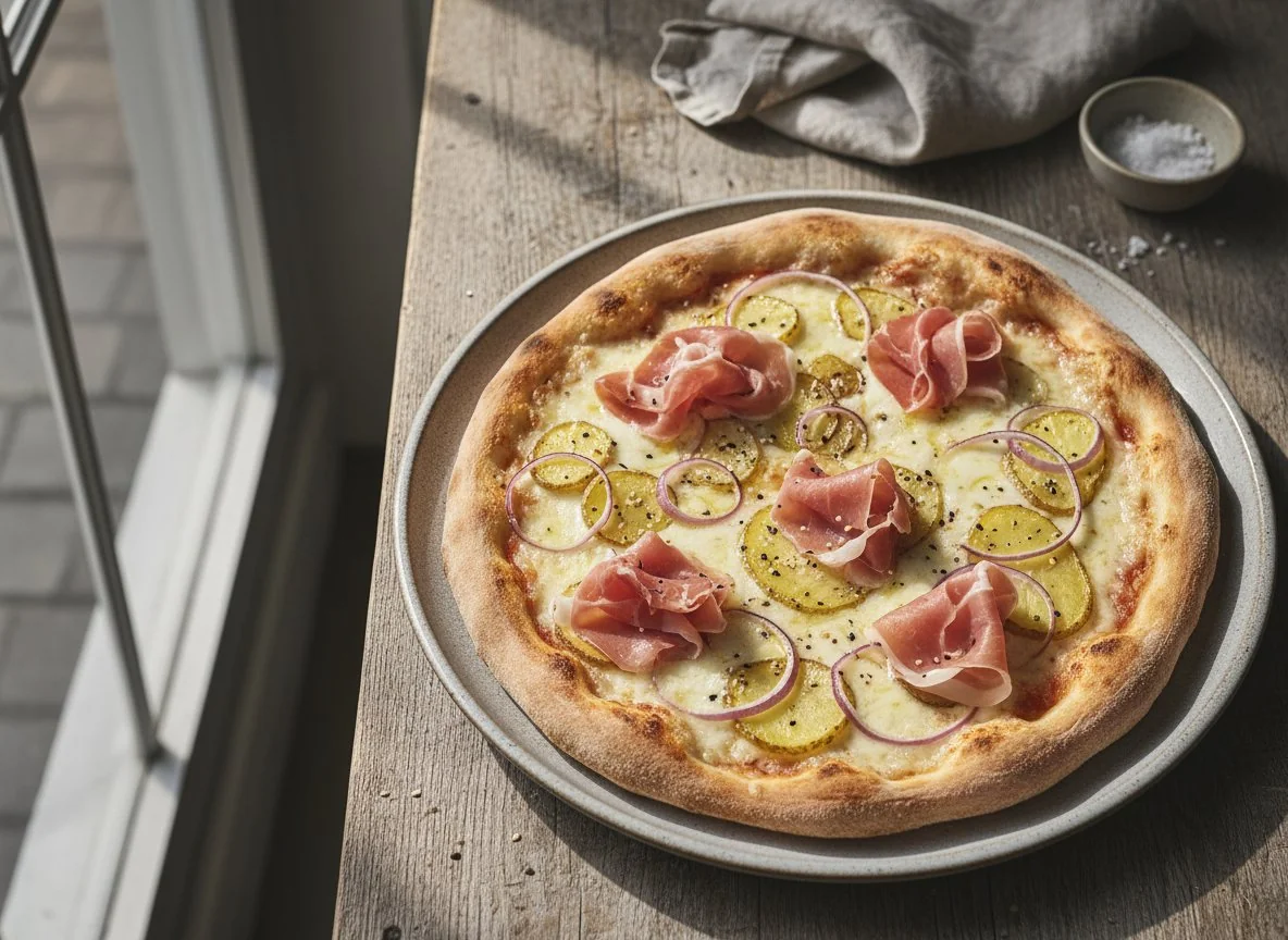 Pizza with Prosciutto, Red Onion, and Potatoes photo