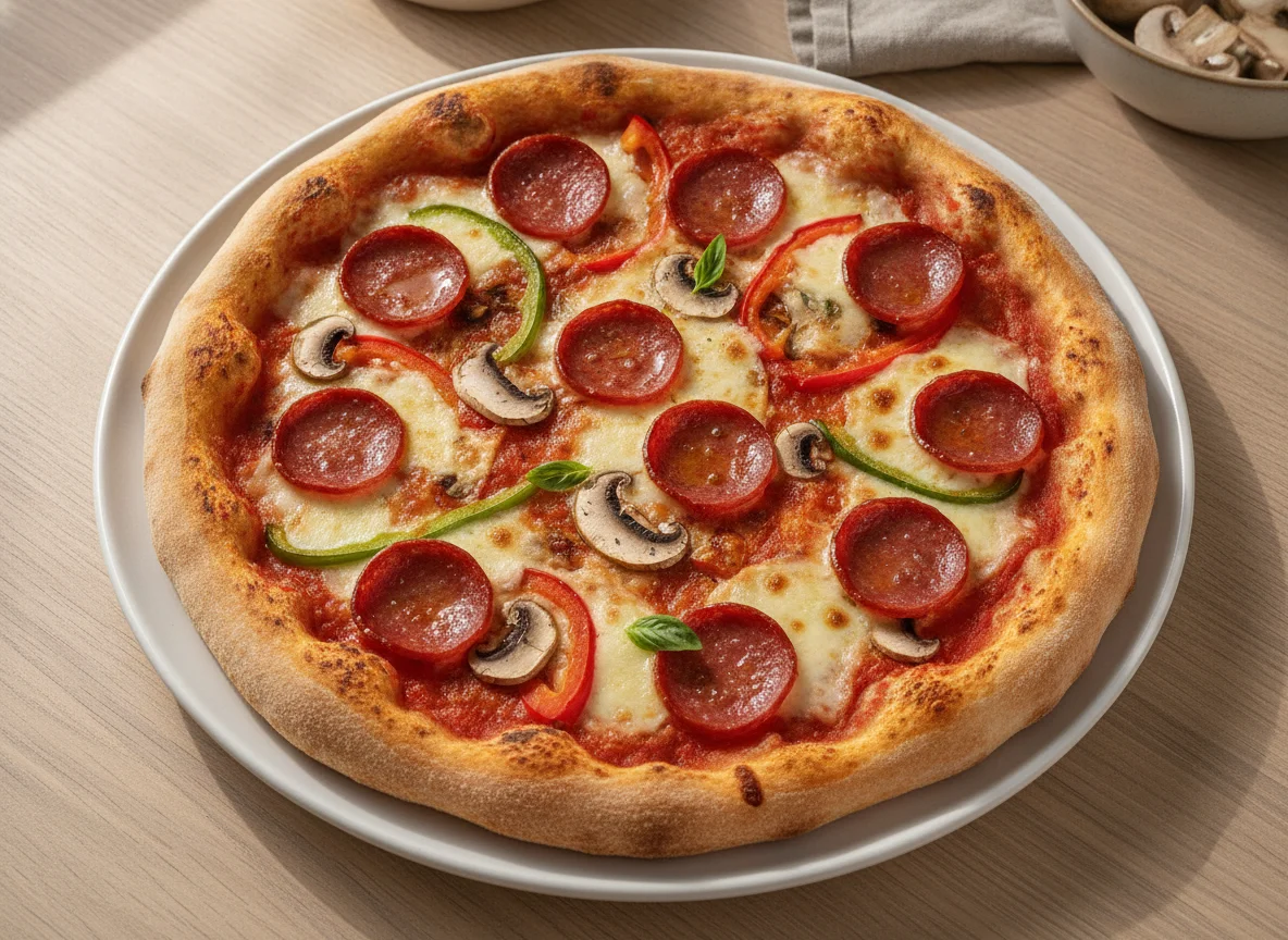 Pizza with Salami, Mushrooms, and Peppers photo