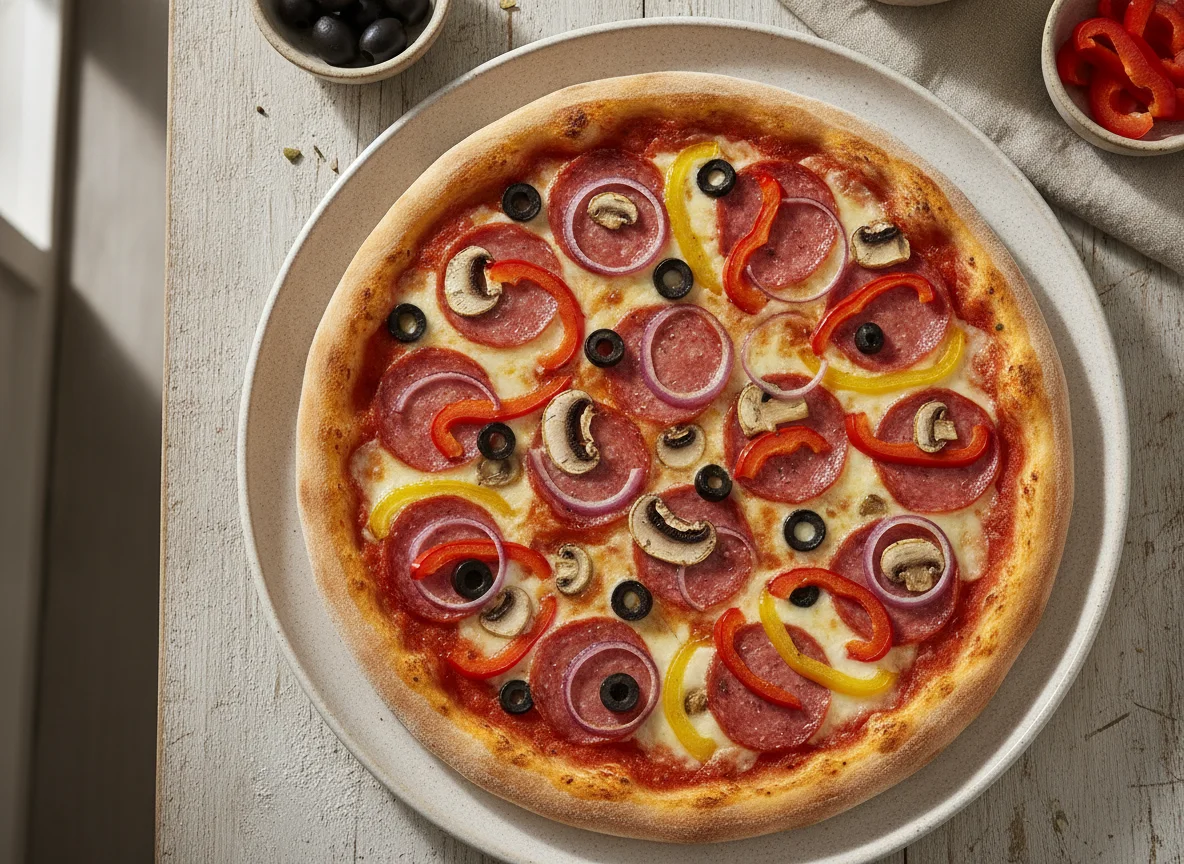 Pizza with Salami, Mushrooms, Peppers, and Olives photo
