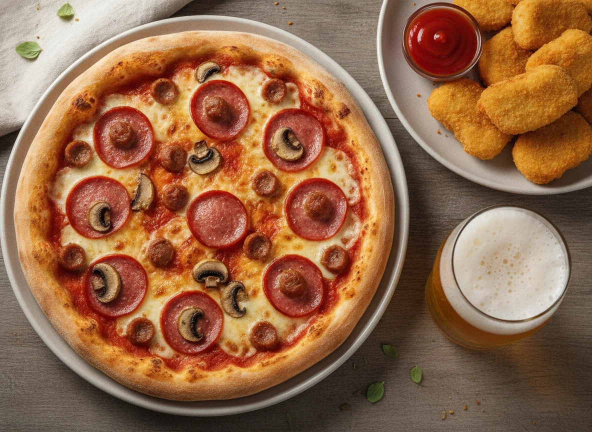 Pizza with sausage and mushrooms, breaded chicken nuggets, and beer photo