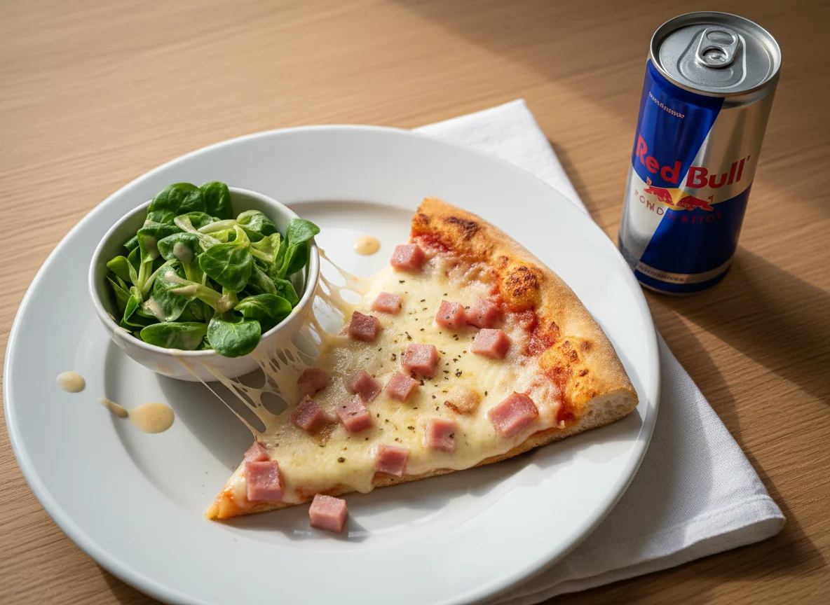 Pizza with side salad and energy drink photo