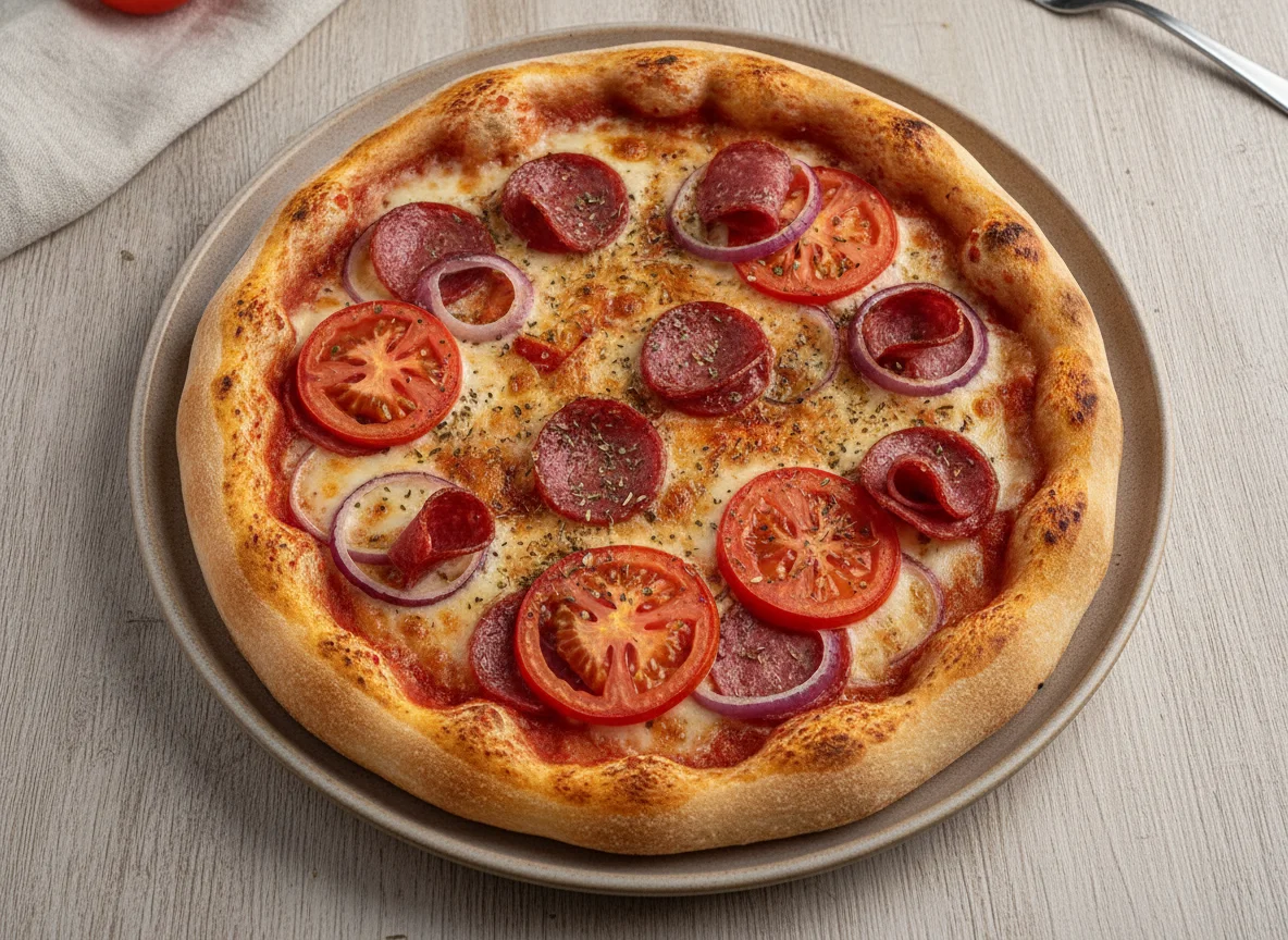 Pizza with tomato, onion and salami photo