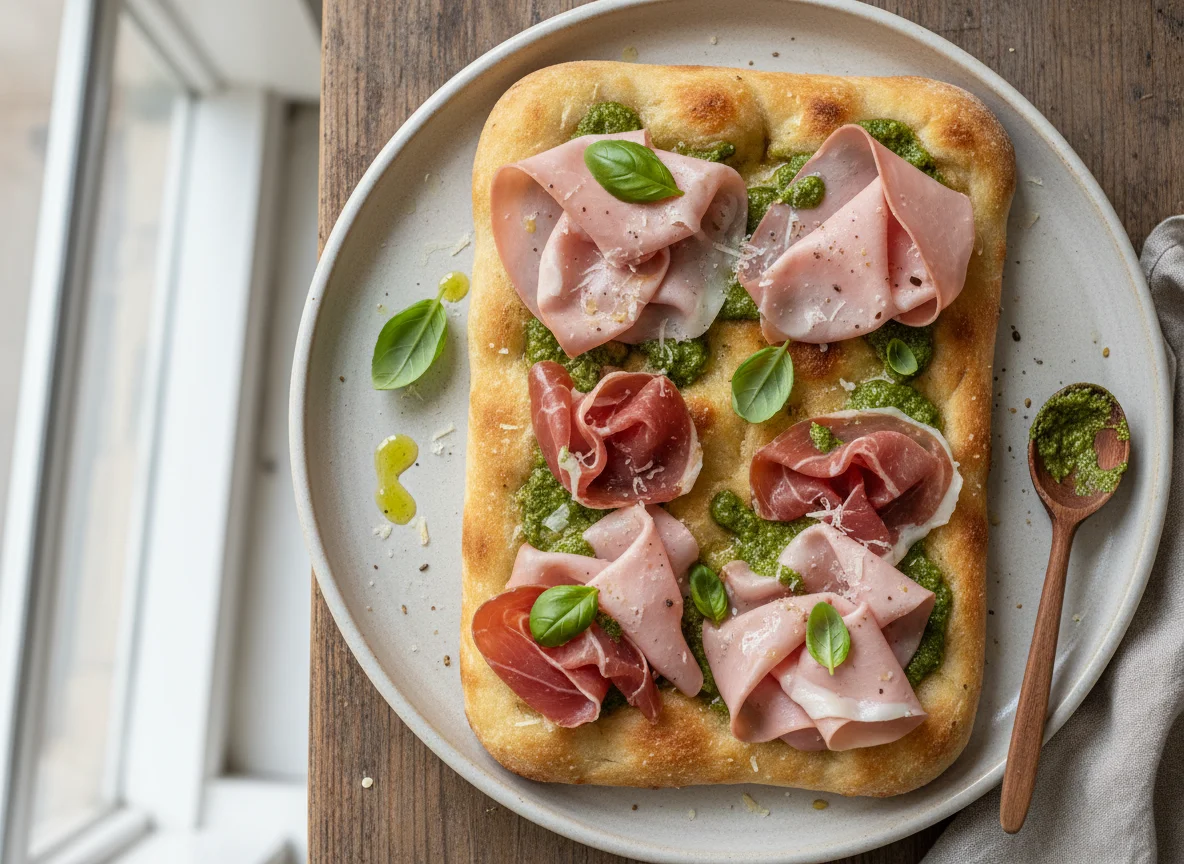 Pizza/Focaccia with Mortadella and Prosciutto photo