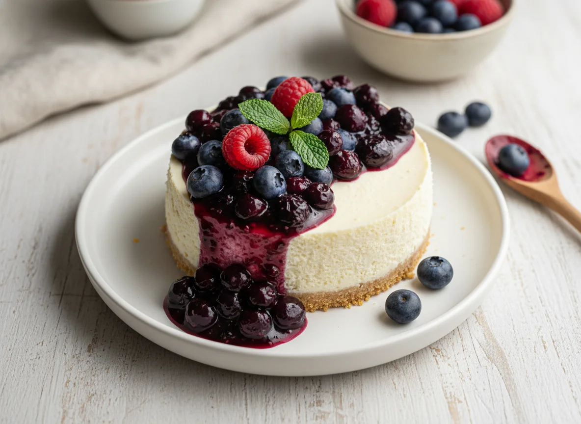 Plant based cheesecake with berry topping photo