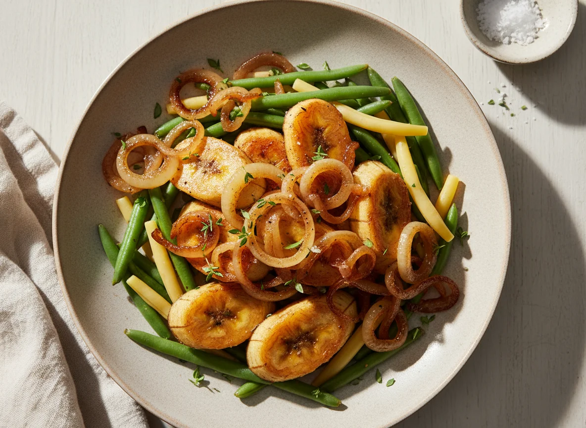Plantains with Green Beans and Caramelized Onions photo