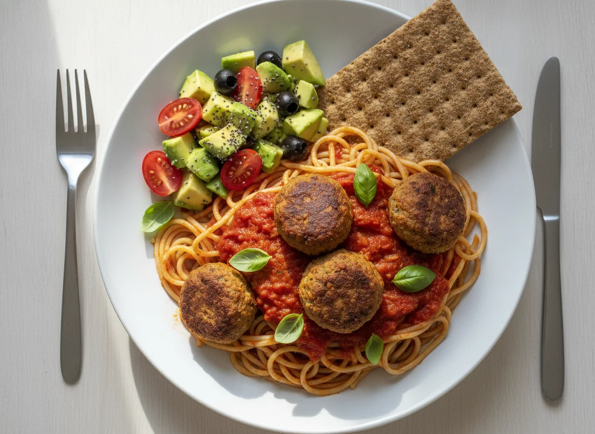 Plant-based spaghetti with meatballs and avocado salad photo