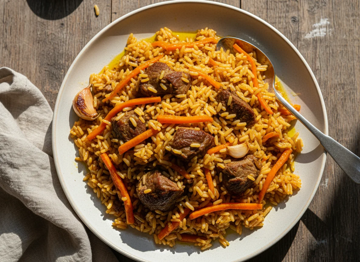 Plov (Rice Pilaf) with Carrots and Meat photo