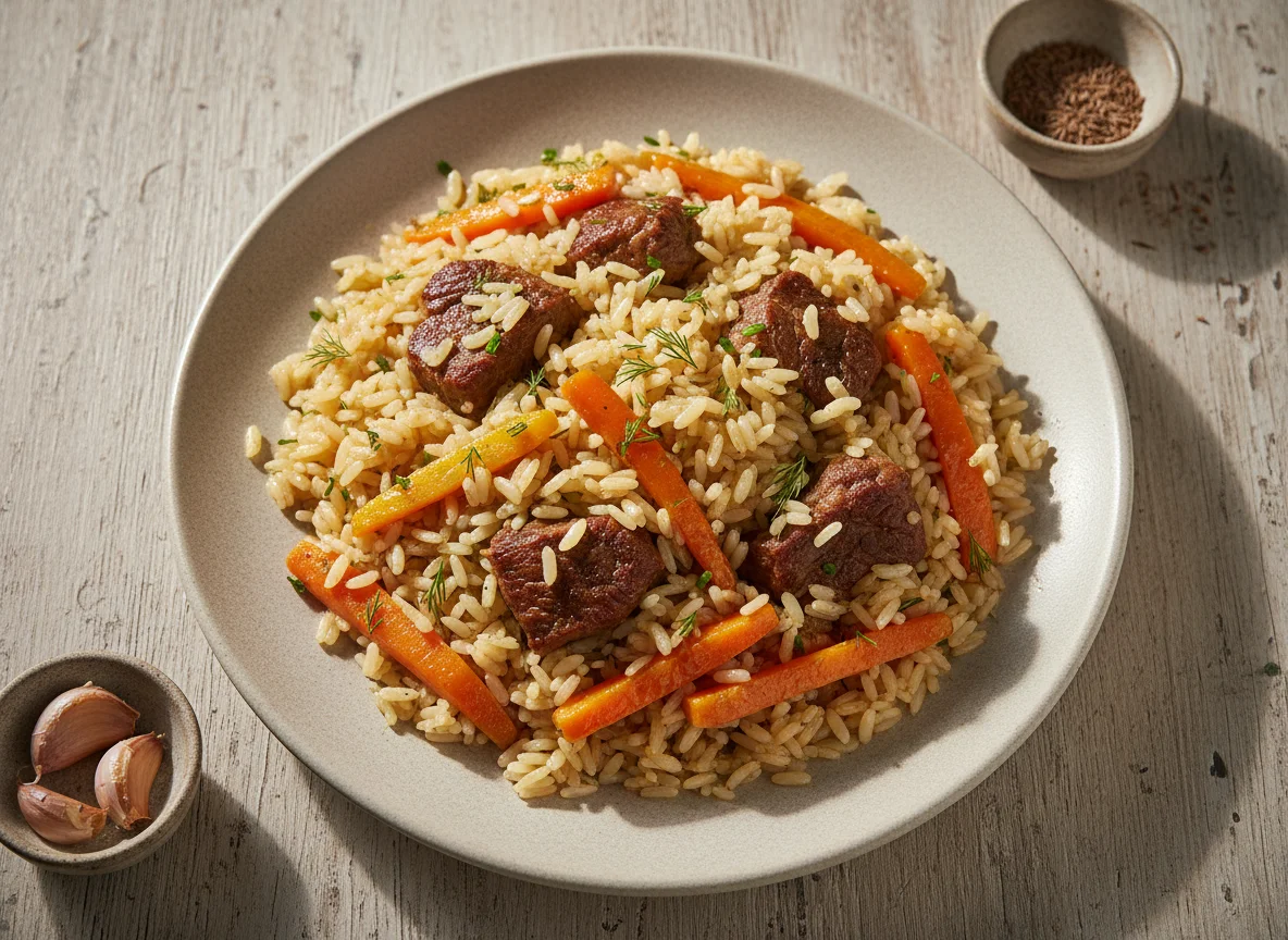 Plov (Rice Pilaf) with Meat and Carrots photo