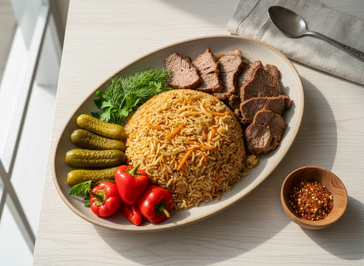 Plov with Boiled Meat and Pickles photo