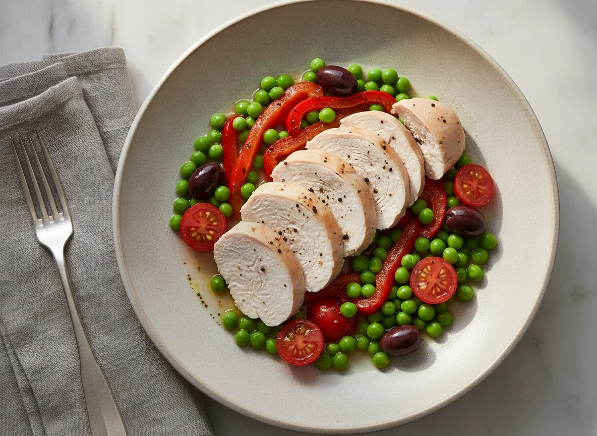 Poached chicken breast with peas, tomatoes, and olives photo