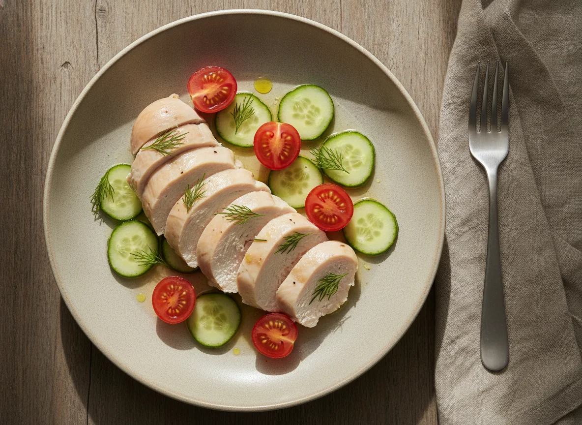 Poached chicken with cherry tomatoes and snack cucumbers photo