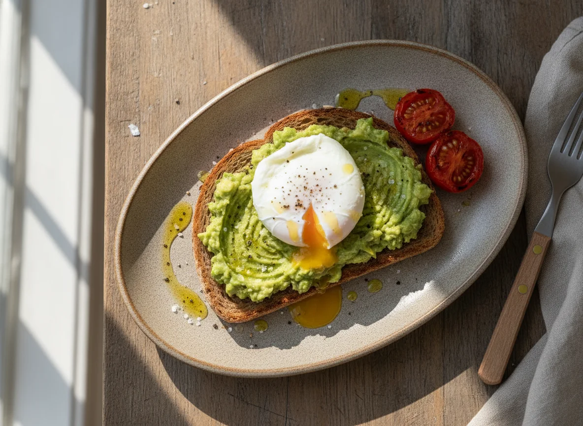 Poached egg on avocado toast with grilled tomatoes photo