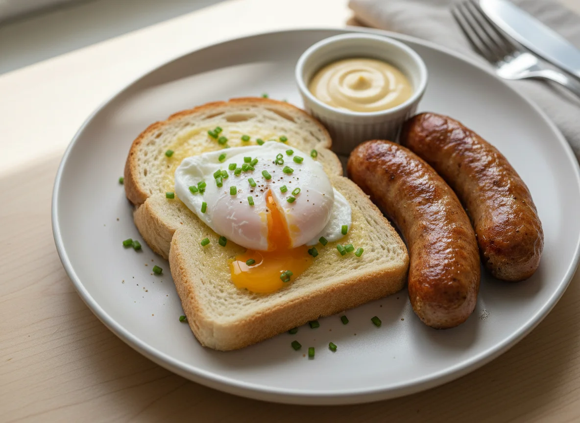 Poached Egg on Toast with Sausage photo