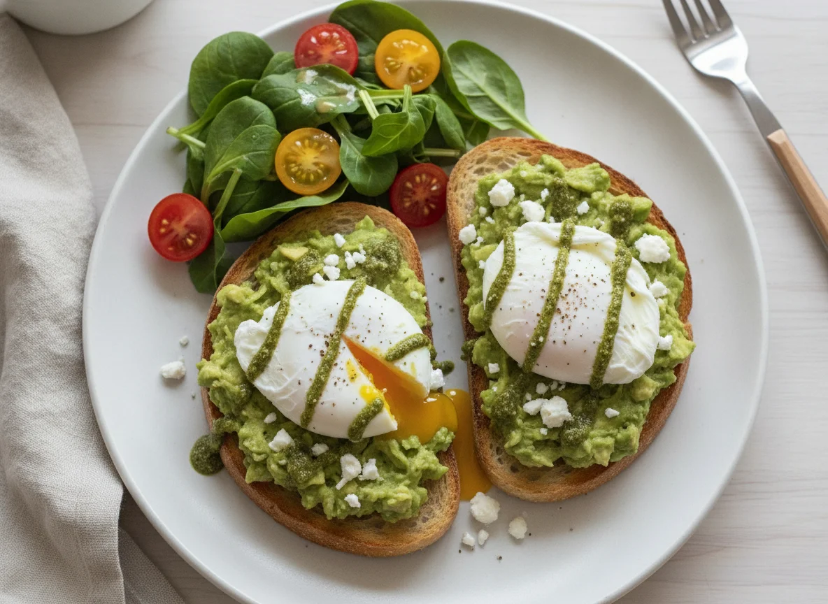 Poached Eggs and Avocado on Sourdough Toast with Side Salad photo
