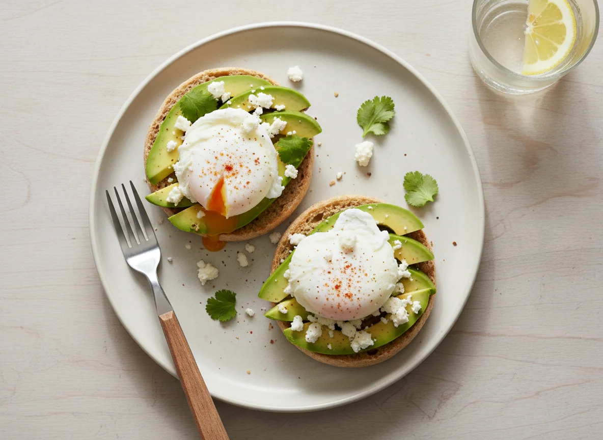 Poached Eggs and Avocado on Toast with Feta photo