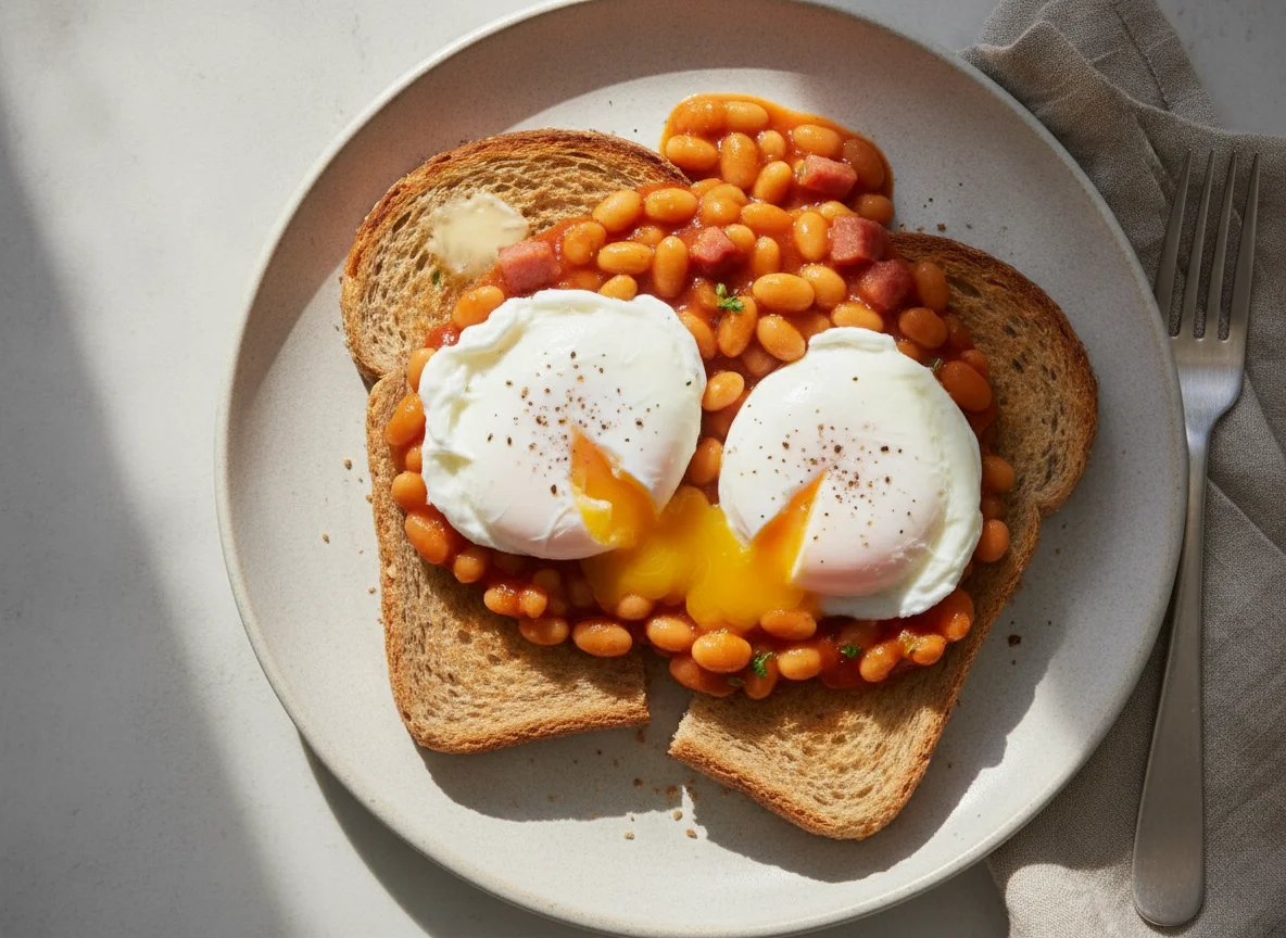 Poached eggs and baked beans on toast photo