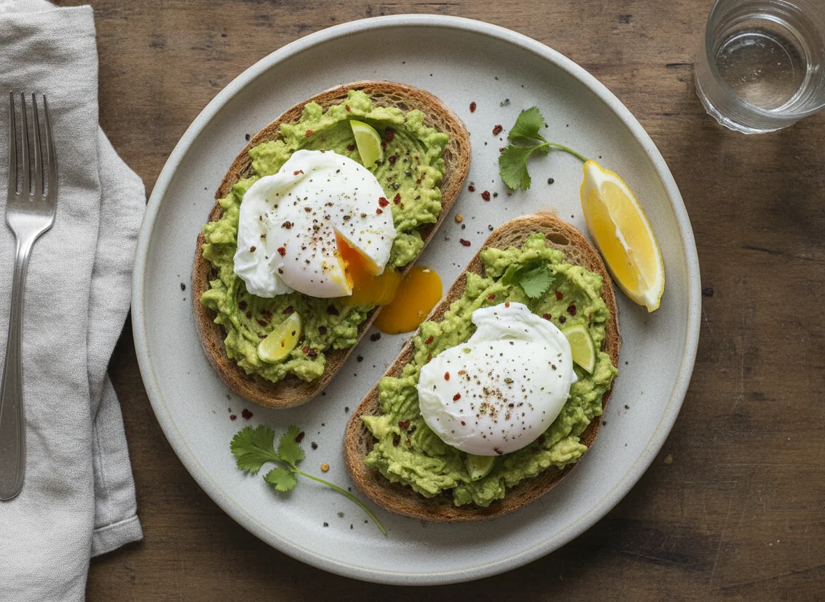 Poached eggs and smashed avocado on sourdough toast photo
