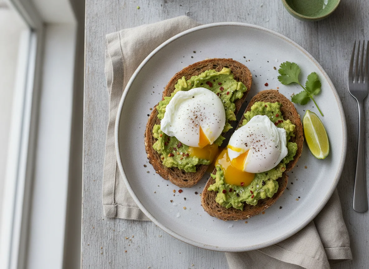 Poached eggs and smashed avocado on wholemeal toast photo
