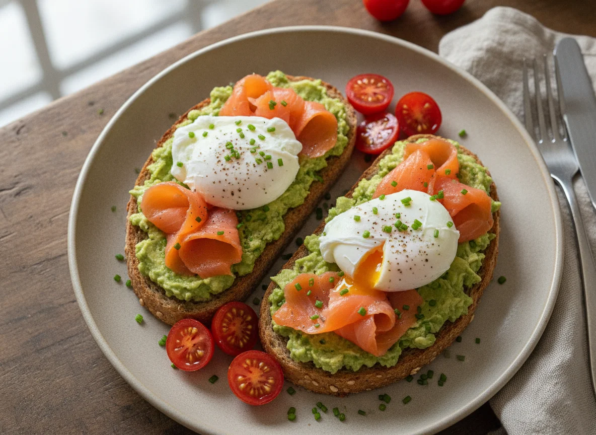 Poached eggs and smoked salmon on avocado toast photo