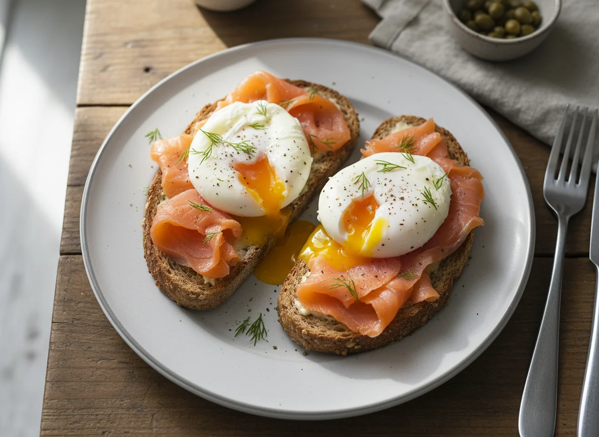 Poached Eggs and Smoked Salmon on Toast photo
