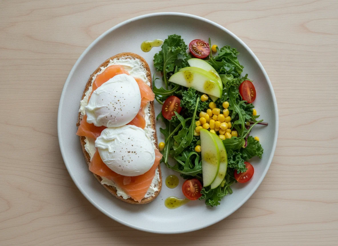 Poached eggs and smoked salmon on toast with side salad photo