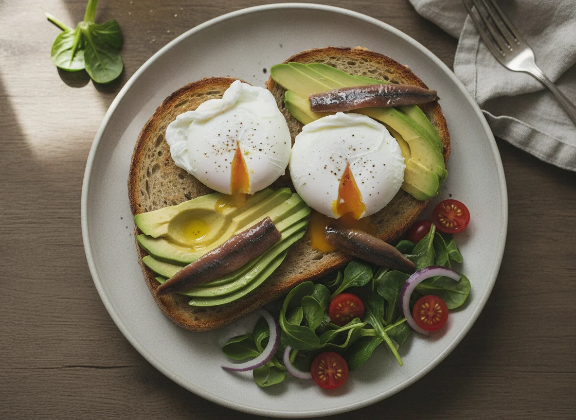 Poached eggs on sourdough with avocado, salad and anchovies photo