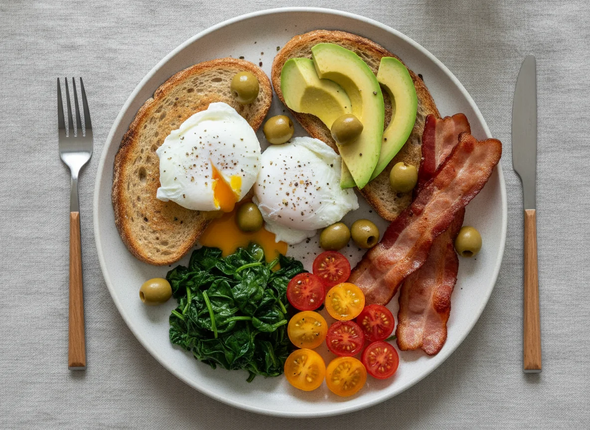 Poached Eggs on Toast with Avocado and Olives photo