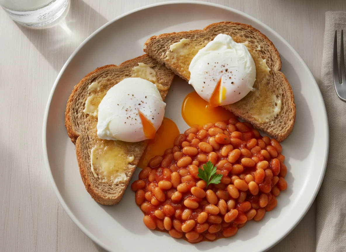 Poached eggs on toast with baked beans photo