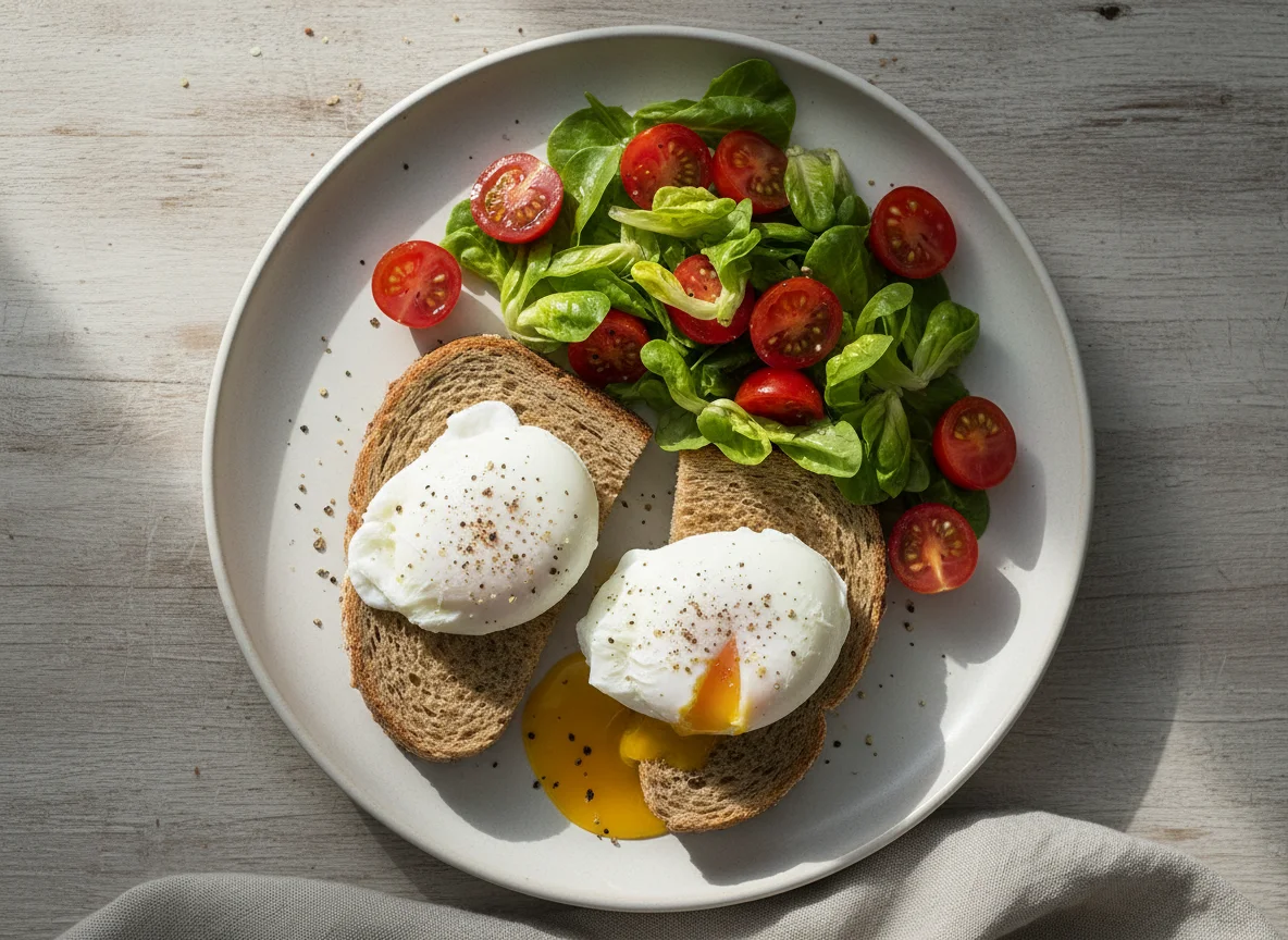 Poached Eggs on Toast with Salad photo