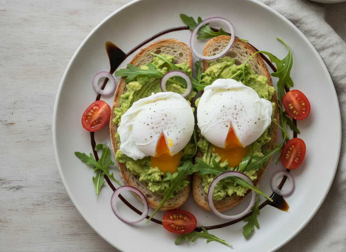 Poached eggs with avocado and sourdough toast photo