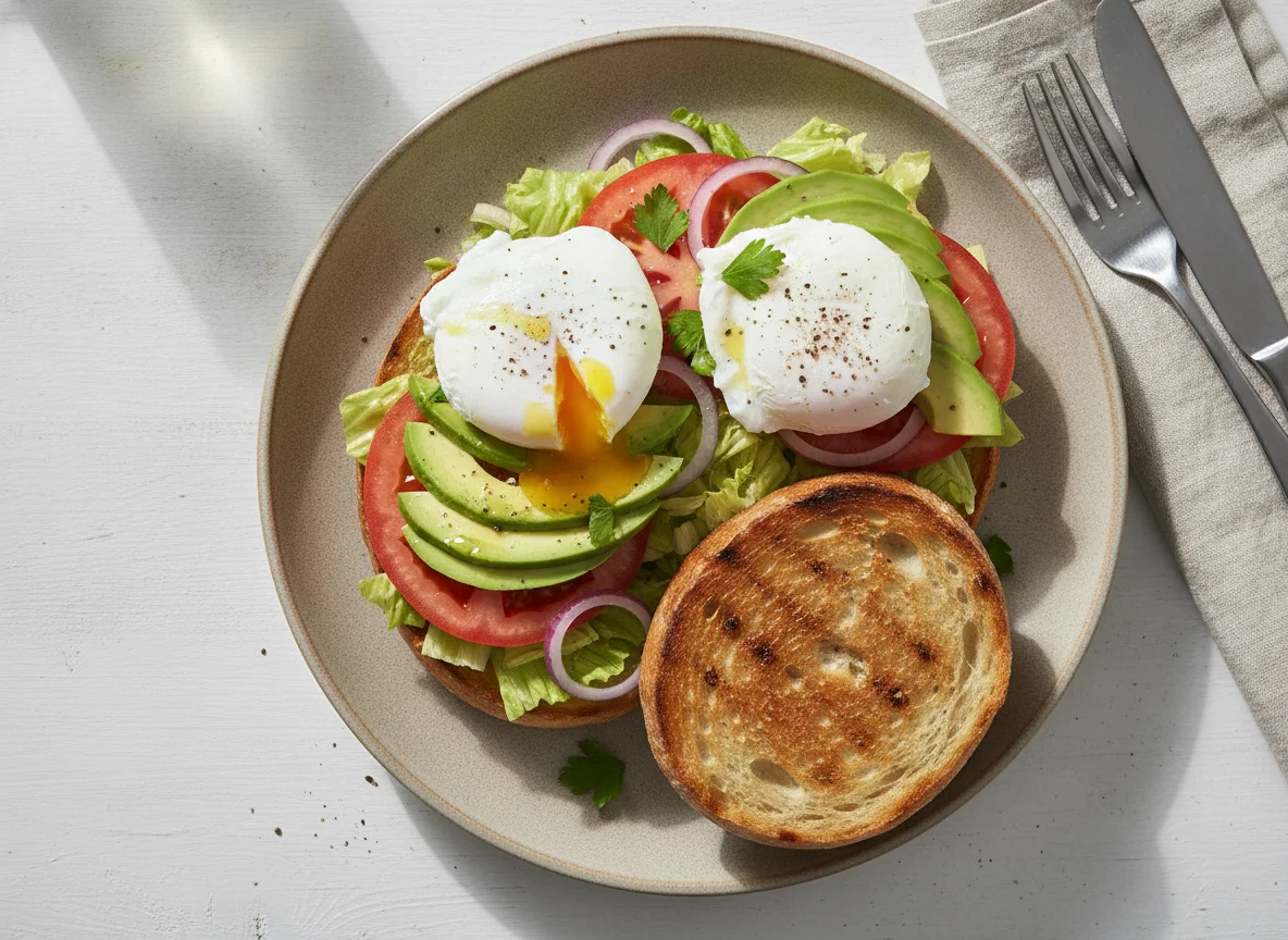 Poached eggs with avocado and toasted bun photo