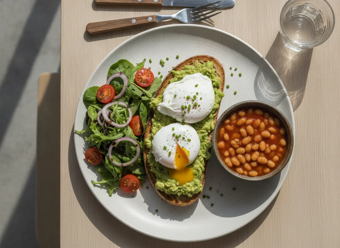 Poached eggs with avocado, baked beans and mixed salad photo