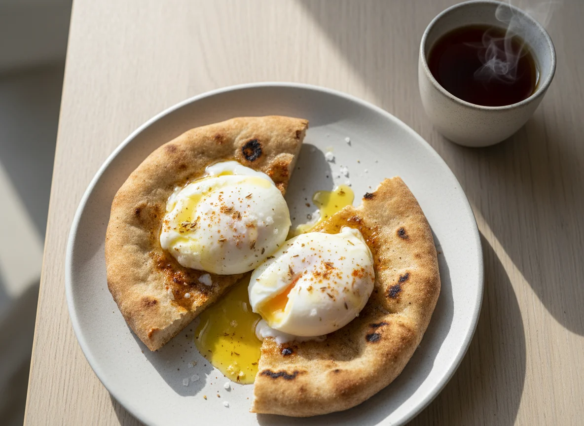 Poached Eggs with Bread and Tea photo