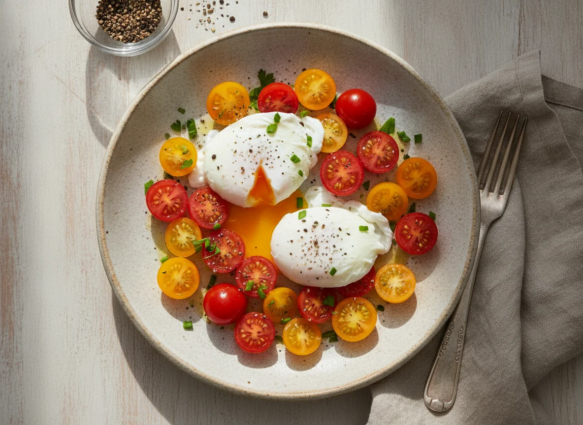Poached eggs with cherry tomatoes photo