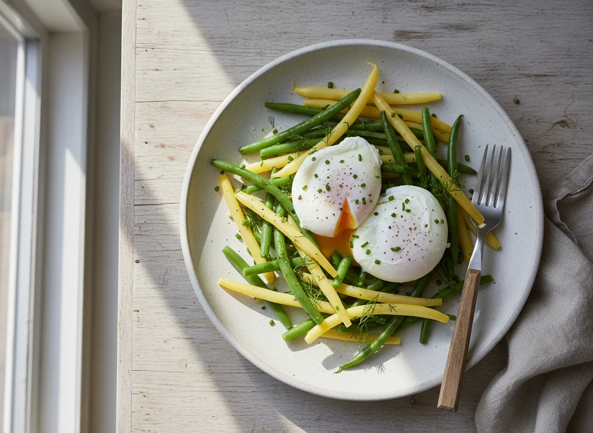 Poached Eggs with Green and Wax Beans photo