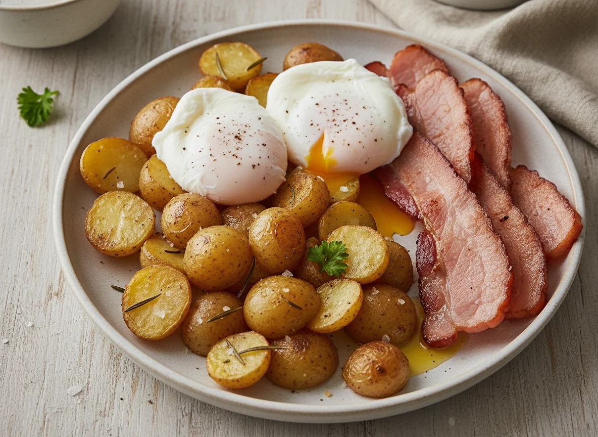 Poached eggs with roasted potatoes and back bacon photo